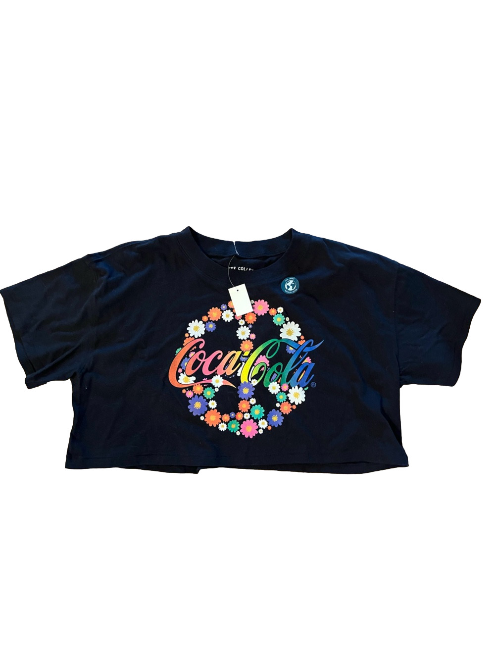 Aeropostale Coca-Cola Floral Peace Sign Crop Boyfriend Tee Black NWT L